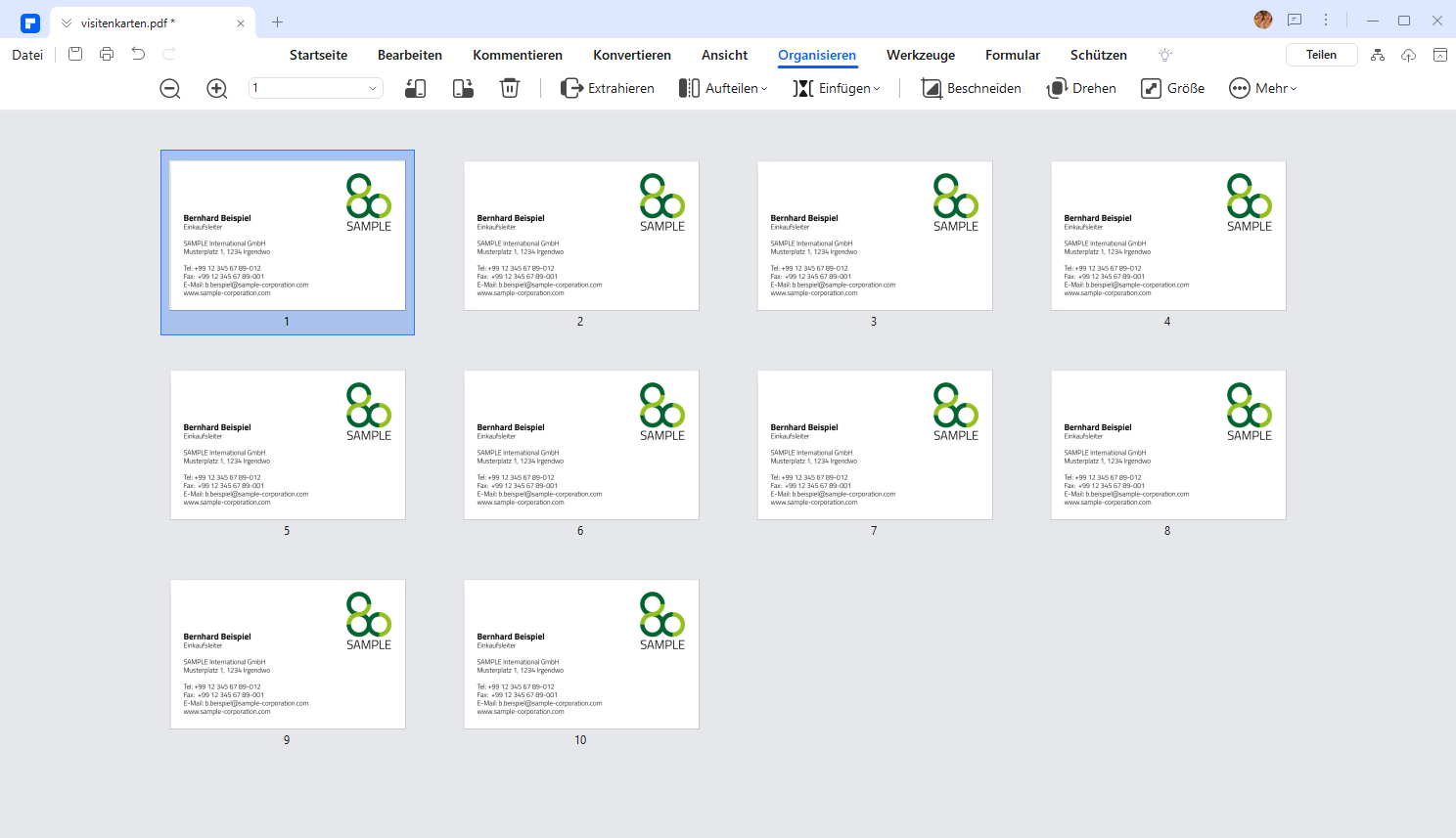 Kopieren Sie die Seite der Visitenkarte zehnmal.