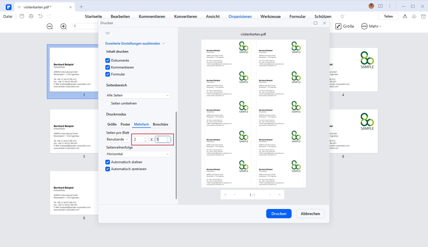 Stellen Sie die Anzahl der Seiten auf 2×5 ein und klicken Sie auf "Drucken".