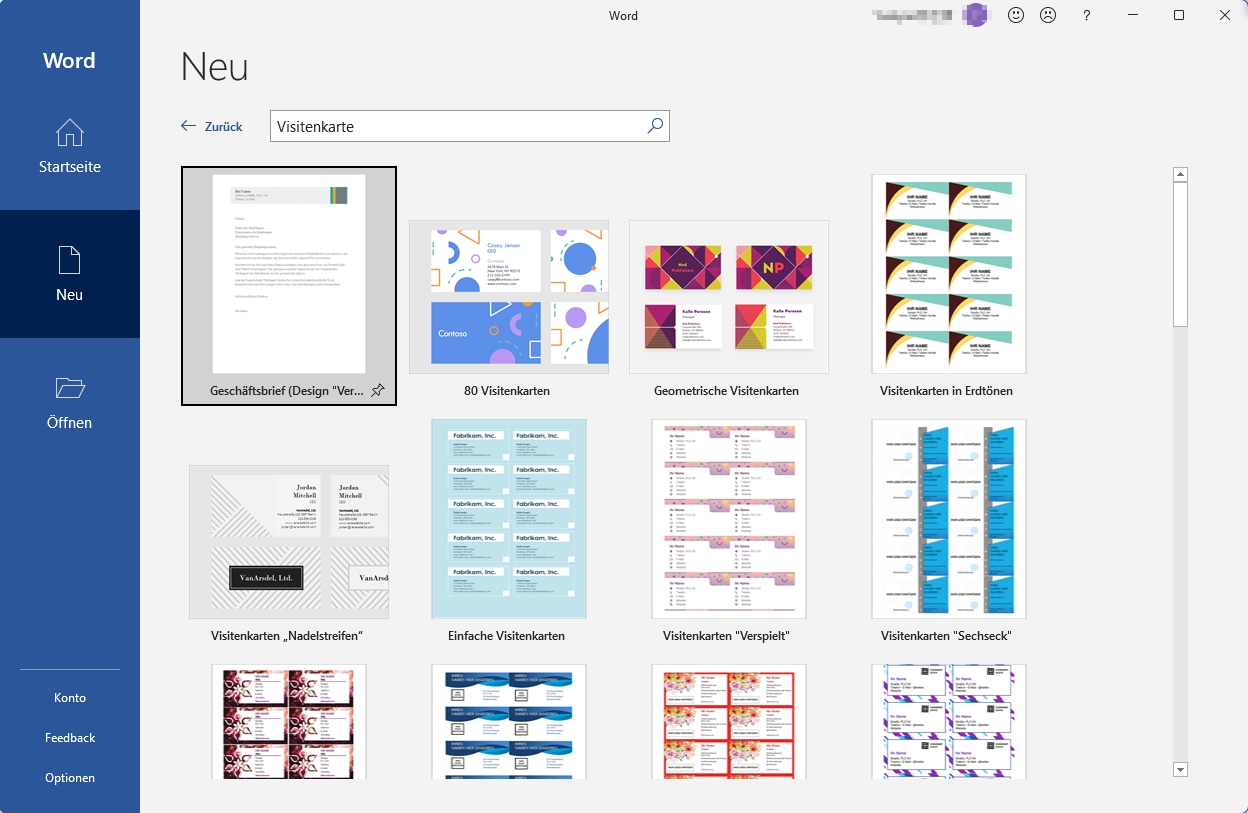 Geben Sie im Suchfeld "Visitenkarte" ein, um auf eine Vielzahl vorgefertigter Vorlagen zugreifen zu können.