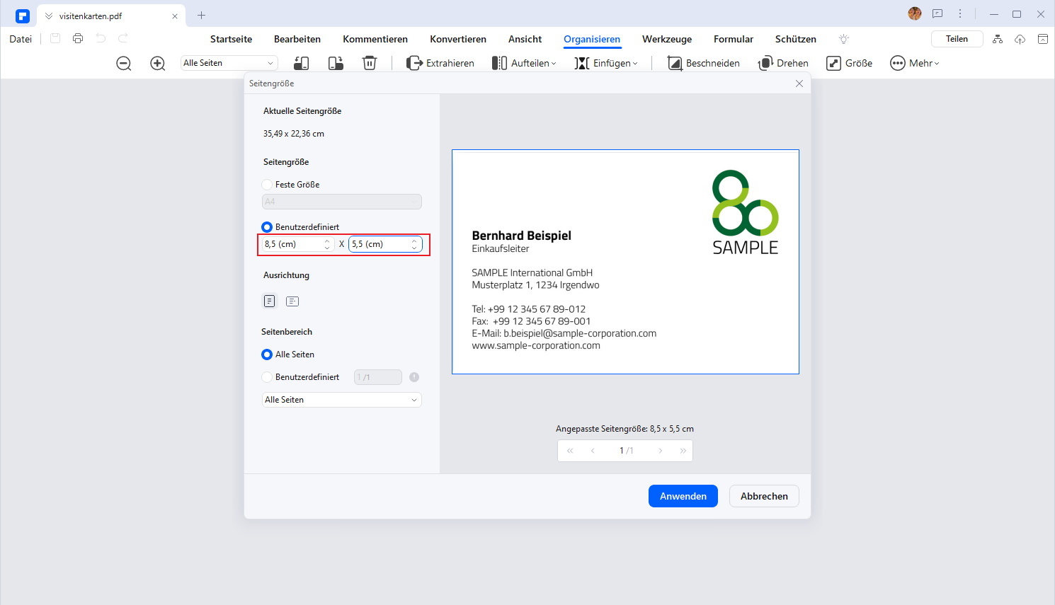 Ändern Sie die "Seitengröße" auf die Visitenkartengröße von 85 mm × 55 mm.