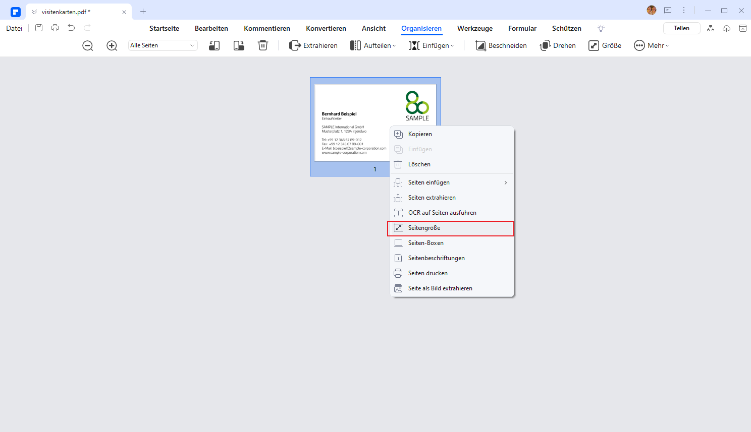 Wenn Sie die Seitengröße auf die Größe der Visitenkarte ändern möchten, können Sie dies einfach unter "Seitengröße" tun.