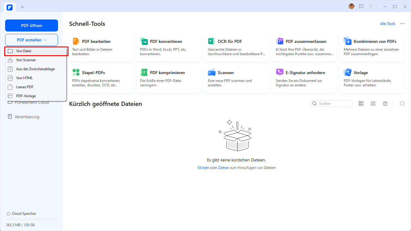 Der erste Schritt besteht darin, PDFelement auf Ihrem Computer zu starten. Öffnen Sie Ihre gescannte PDF-Datei direkt, indem Sie auf "PDF öffnen" oder "+" klicken.