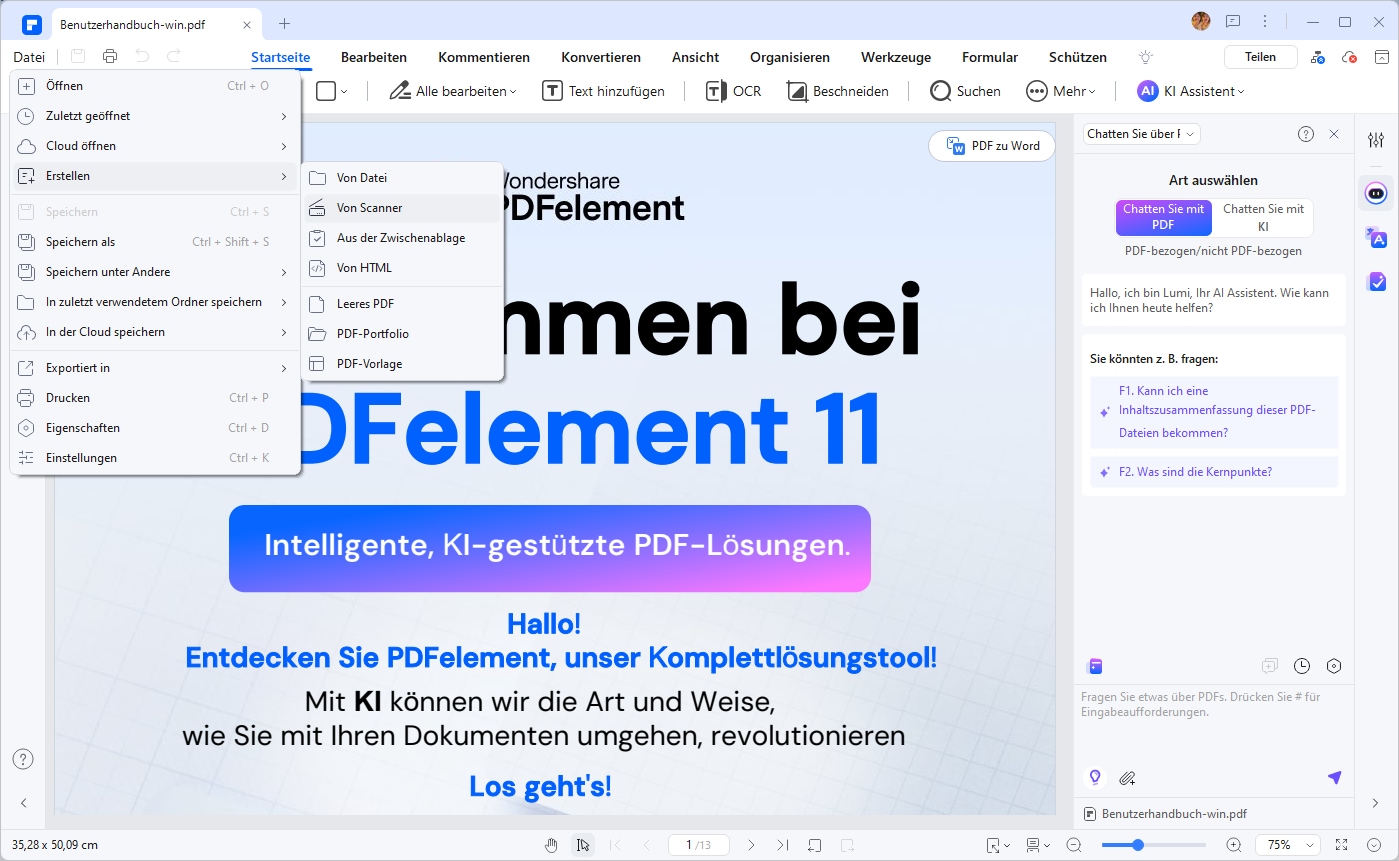 Klicken Sie nach dem Start von PDFelement auf „Datei“ > "Erstellen" > "Von Scanner".