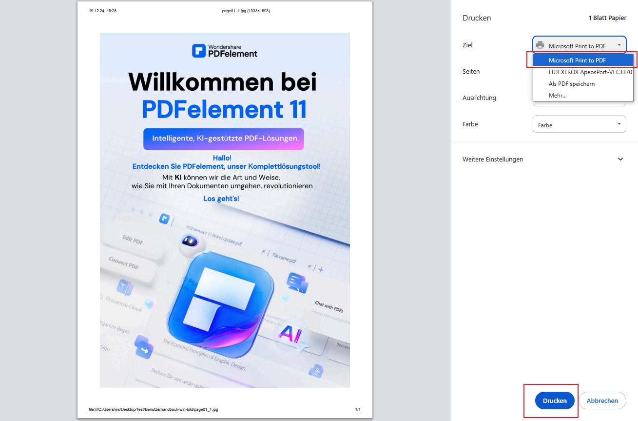 Wählen Sie "Microsoft Print to PDF" als Drucker aus und klicken Sie auf "Drucken".