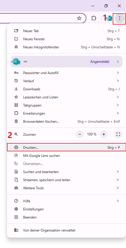 Öffnen Sie den Webbrowser und klicken Sie auf "Drucken".