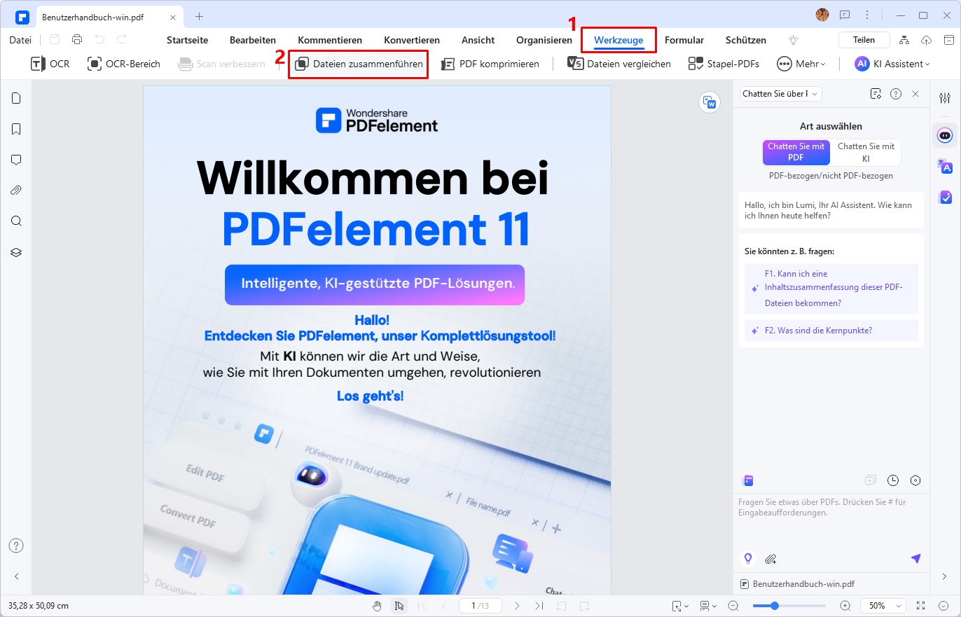 PDFelement macht diese Arbeit sehr einfach. Klicken Sie einfach auf „Werkzeuge“ und wählen Sie dann den „Dateien zusammenführen“-Knopf.