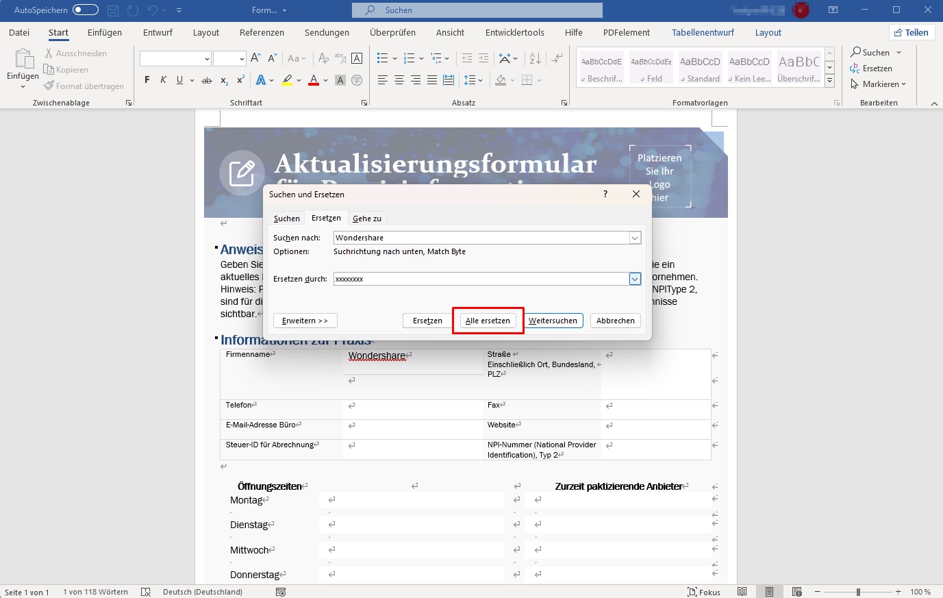 Gehen Sie zum Abschnitt „Suchen nach“ und schreiben Sie die Wörter, die Sie schwärzen möchten. Geben Sie nun im Bereich „Ersetzen durch“ das Wort oder die Wörter ein, mit denen Sie den ursprünglichen Inhalt ersetzen möchten, und klicken Sie schließlich auf „Alle ersetzen“. Dieser Vorgang reicht aus, um den Text zu redigieren.