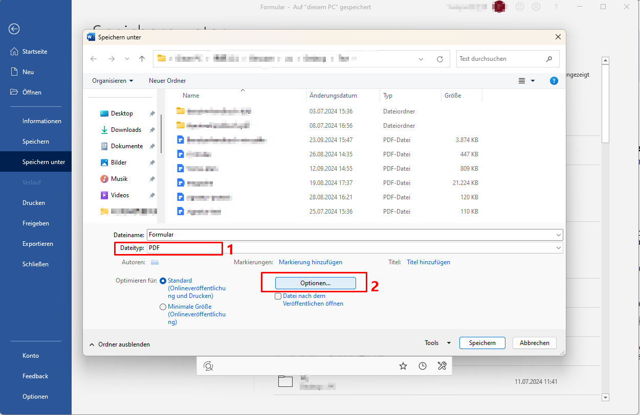 Wählen Sie den richtigen Zielordner und wählen Sie dann PDF, wie den Dateityp Speichern als. Klicken Sie nun auf „Optionen“. 