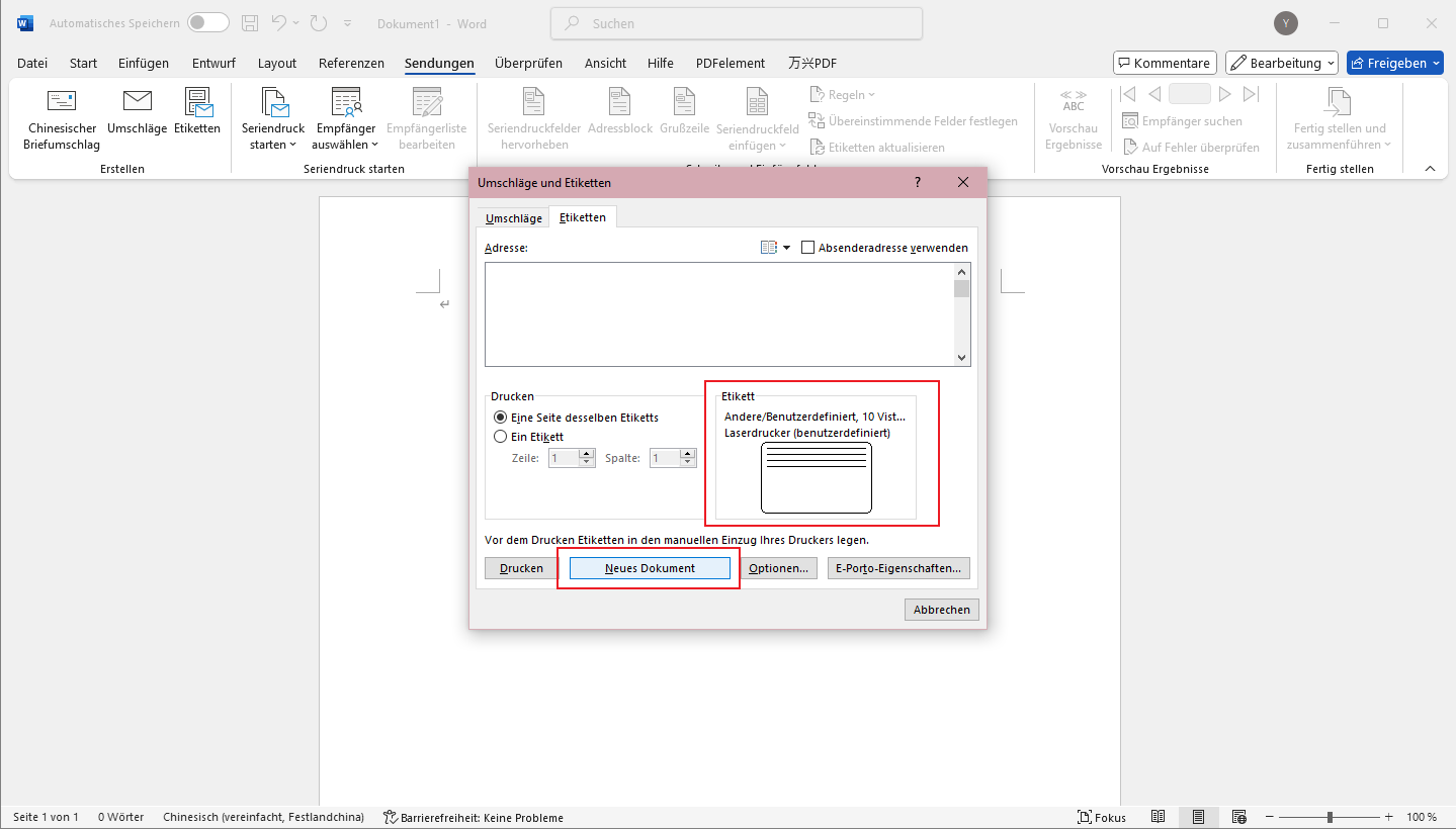 Stellen Sie im Dialogfeld "Umschläge und Etiketten" sicher, dass "Etiketten" auf "Andere/Benutzerdefiniert" und "10 Visitenkarten pro Blatt" eingestellt ist, und klicken Sie auf die Schaltfläche "Neues Dokument".