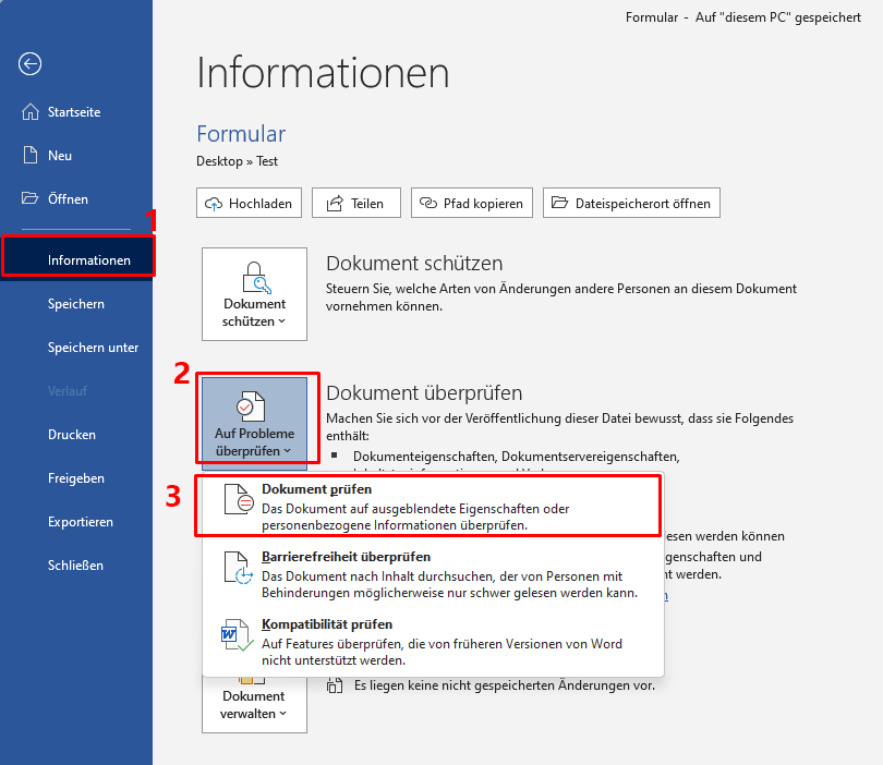 Gehen Sie auf Informationen, dann auf Dokument prüfen und klicken Sie auf den Eintrag Dokument prüfen.