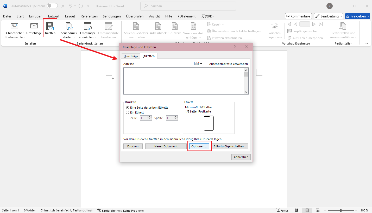 Wählen Sie die Registerkarte "Etiketten" und klicken Sie auf die Schaltfläche "Optionen".