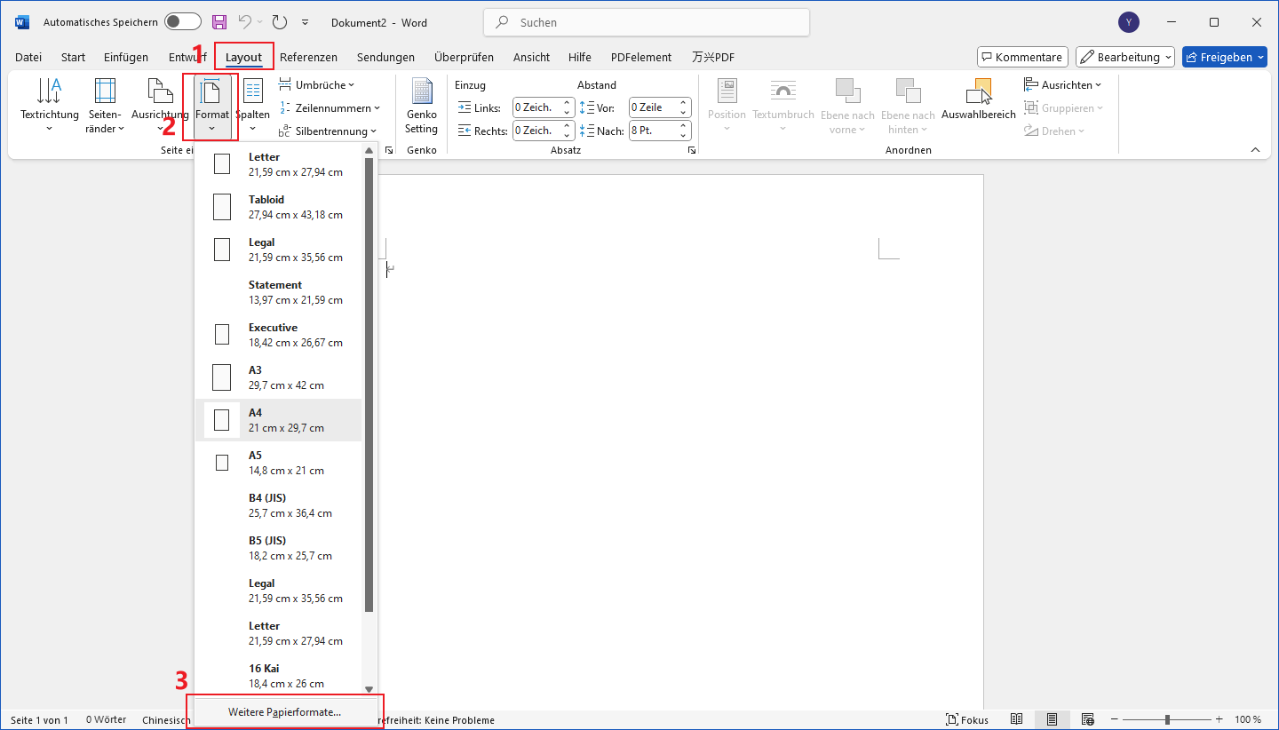 Wählen Sie die Registerkarte "Layout" und klicken Sie auf "Format", dann auf "Weitere Papierformate".