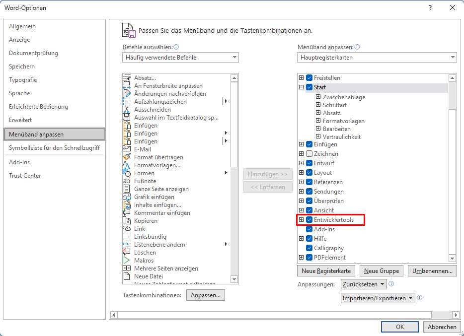 Aktivieren Sie die „Entwicklertools“. Öffnen Sie den Datei-Tab, wählen Sie Optionen und wechseln Sie zur Option „Menüband anpassen“. Suchen Sie hier auf der rechten Seite des Fensters nach dem Start-Tab. Wählen Sie dann das Kontrollkästchen vor dem Entwickler-Tab und klicken Sie auf OK.