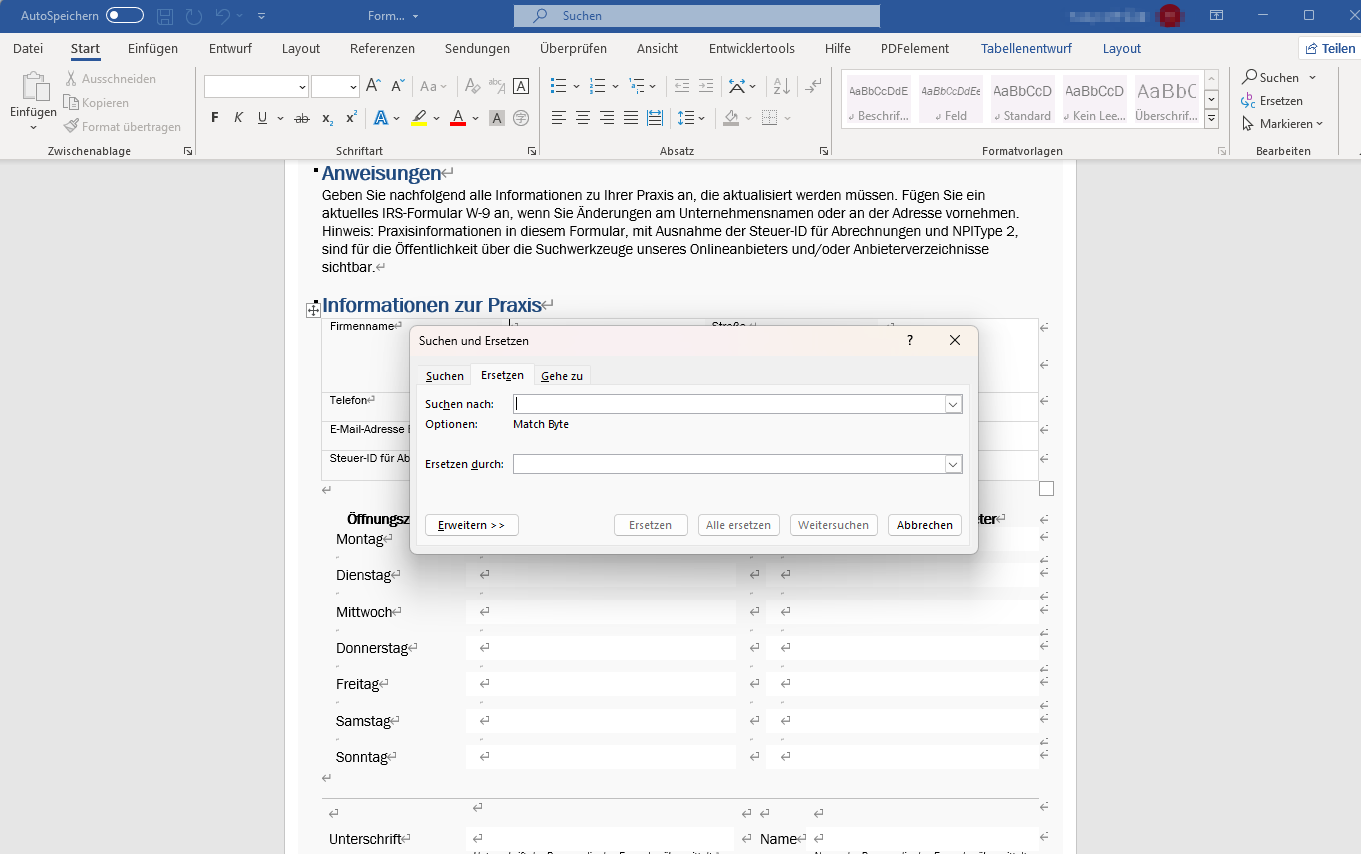 Öffnen Sie Ihr Dokument in Microsoft Word und drücken Sie „Strg + H“, um das Tool „Suchen und Ersetzen“ zu öffnen.