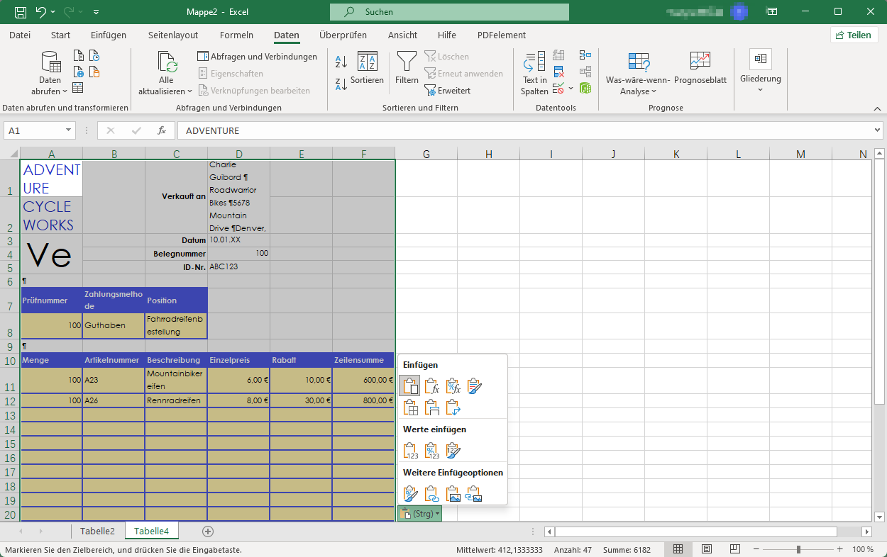 Sobald Sie die Tabelle kopiert haben, öffnen Sie das Arbeitsblatt in Excel und fügen die Tabelle in die Datei ein. Beim Einfügen der Tabelle können Sie das "Einfügeoptionen" Dialogfeld sehen.