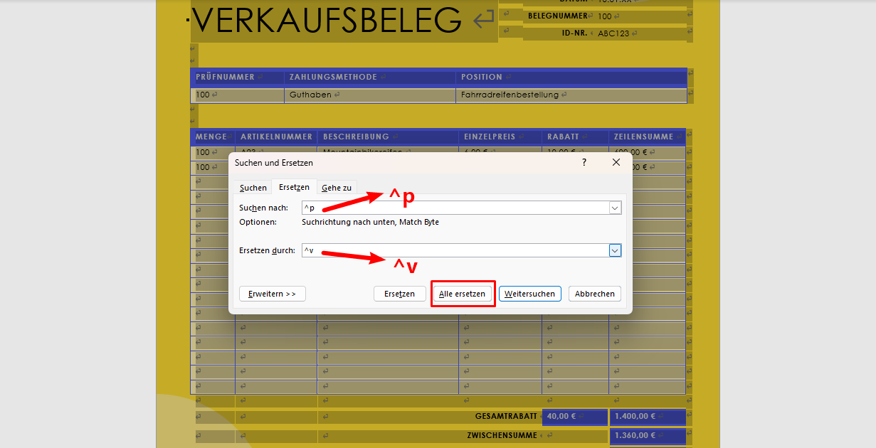 Wählen Sie die gesamte Tabelle mit der Maus aus, nachdem Sie das gewünschte Dokument in MS Word aufgerufen haben. Drücken Sie anschließend die Taste „Strg/Befehl + H“, um auf die Funktion „Suchen und Ersetzen“ zuzugreifen. Geben Sie „^p“ in das Textfeld „Suchen nach“ und „^v“ in das Textfeld „Ersetzen durch“ ein und klicken Sie auf die Schaltfläche „Alles ersetzen“.