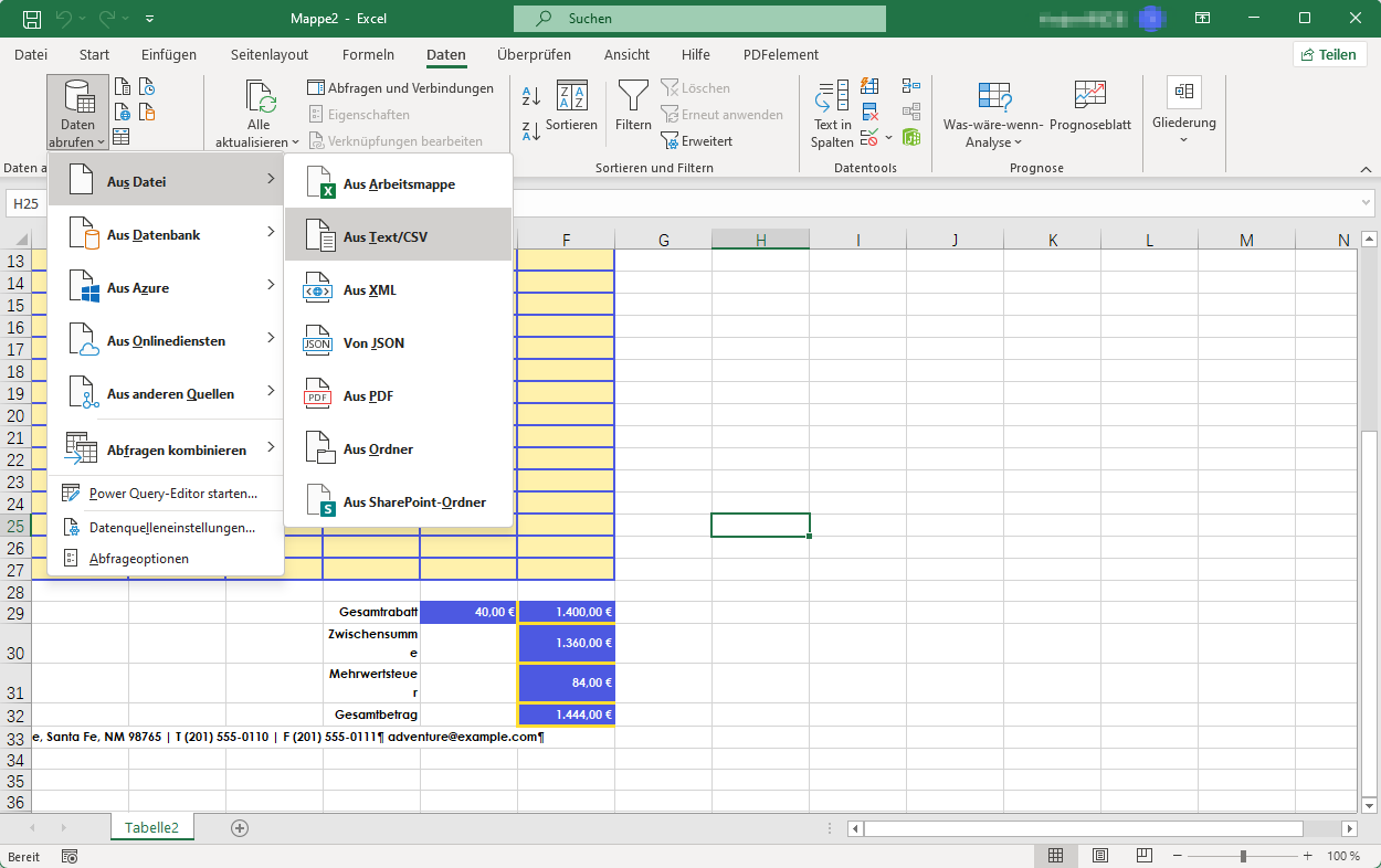 Schritt 2: Erstellen Sie anschließend eine neue Excel-Datei und rufen Sie über die obere Symbolleiste die „Daten“ auf. Klicken Sie im Abschnitt „Daten abrufen und transformieren“ auf „Daten abrufen“ und wählen Sie im Menü „Datei“ die Option „Aus Text/CSV“. Wählen Sie dann den gewünschten Dateiursprung aus, wählen Sie die benötigten Tabellen aus und klicken Sie auf die Schaltfläche „Laden“.