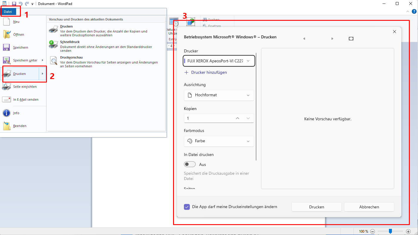 Klicken Sie auf die Schaltfläche Drucken. Dann können Sie den Speicherort für die WordPad-Datei als PDF-Datei auswählen und die Datei bei Bedarf umbenennen.