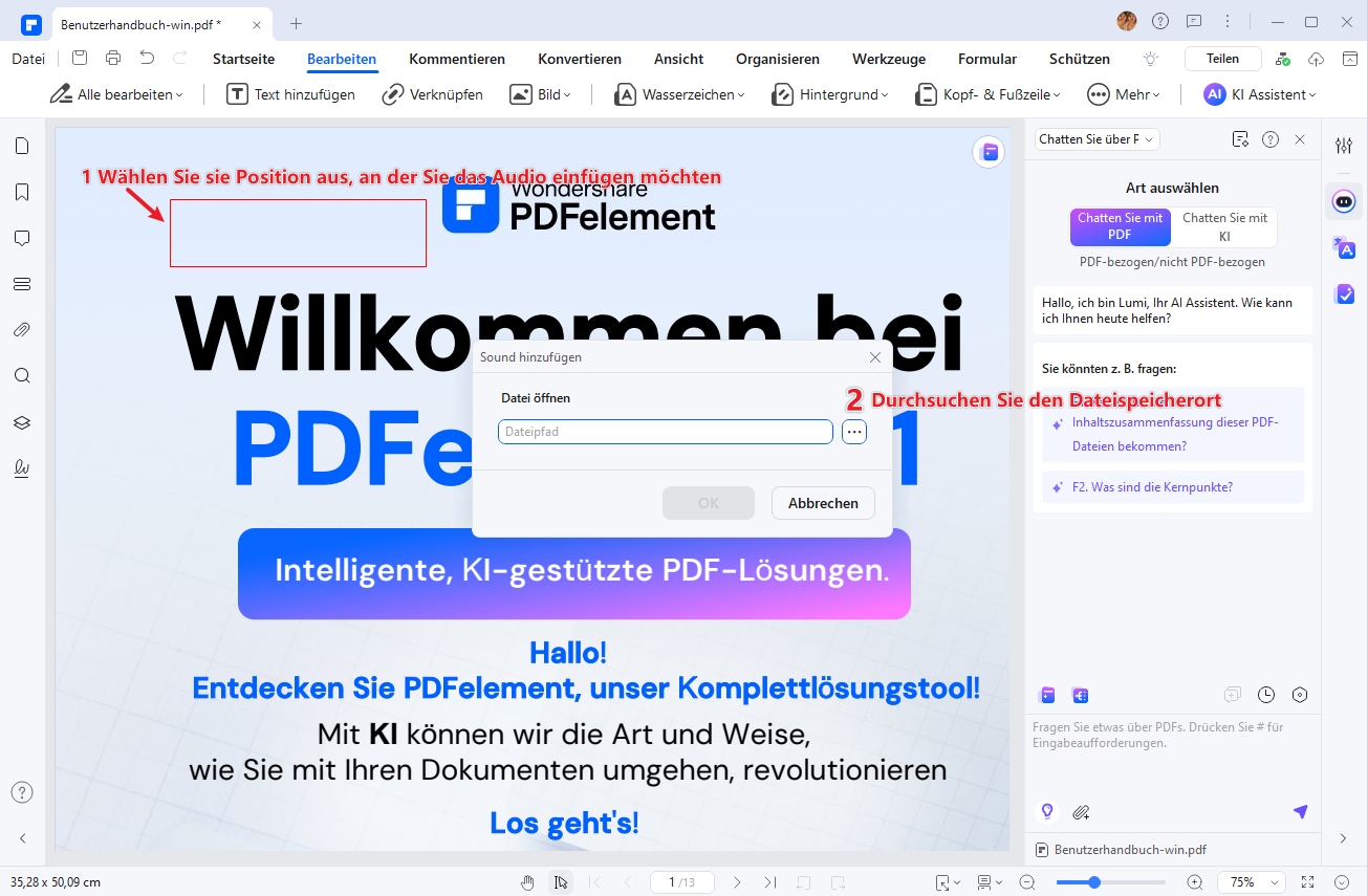 Suchen Sie dann die Stelle in der Datei, an der Sie das Audio einfügen möchten.