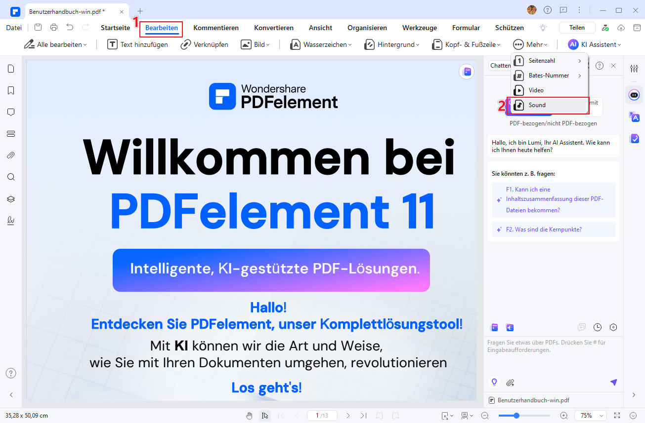 Klicken Sie in der Menüleiste auf „Bearbeiten“, suchen Sie nach „Mehr“ und wählen Sie „Sound“.