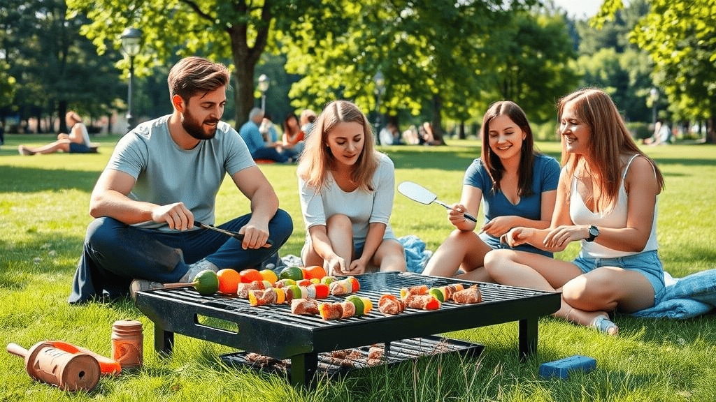Eine Gruppe junger deutscher Männer und Frauen grillte an einem sonnigen Tag Kebabs auf dem Rasen in einem Park. Die Kebabs enthielten Gemüse und Fleisch