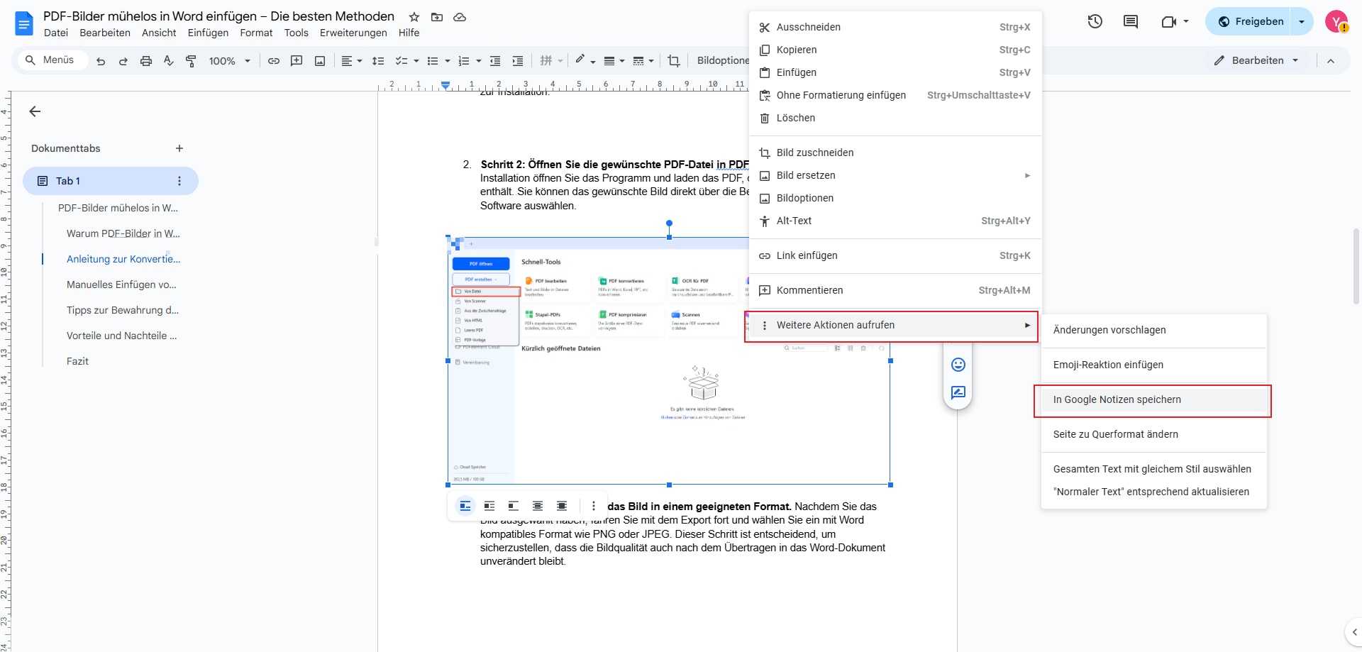 Wenn Sie die Doc-Datei geöffnet haben, müssen Sie das entsprechende Bild aufrufen und mit der rechten Maustaste darauf klicken, um aus dem Dropdown-Menü die Option "Weitere Aktionen aufrufen" und "In Google Notizen speichern" aufzurufen.