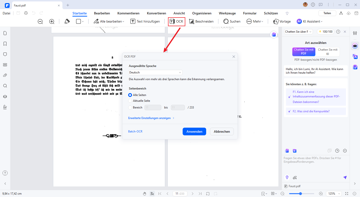Wenn Ihr Dokument Grafiken mit Text enthält, verwenden Sie die integrierte OCR-Technologie