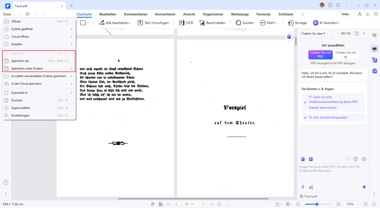 Sobald die Datei geladen ist, klicken Sie auf „Speichern unter“ und wählen Sie PDF als Zielformat aus. PDFelement konvertiert die Datei dann problemlos in eine PDF-Datei.