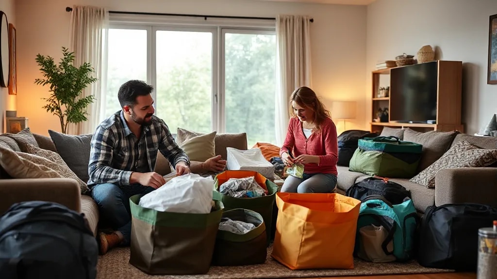 Vater, Mutter und Tochter organisieren Campingausrüstung im Wohnzimmer zu Hause