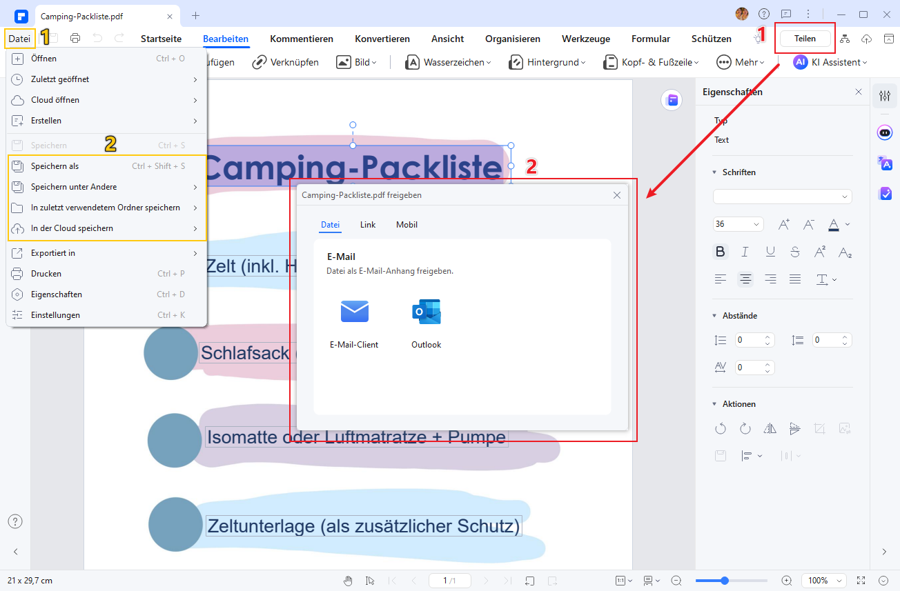 Als PDF exportieren für den Ausdruck oder die mobile Nutzung