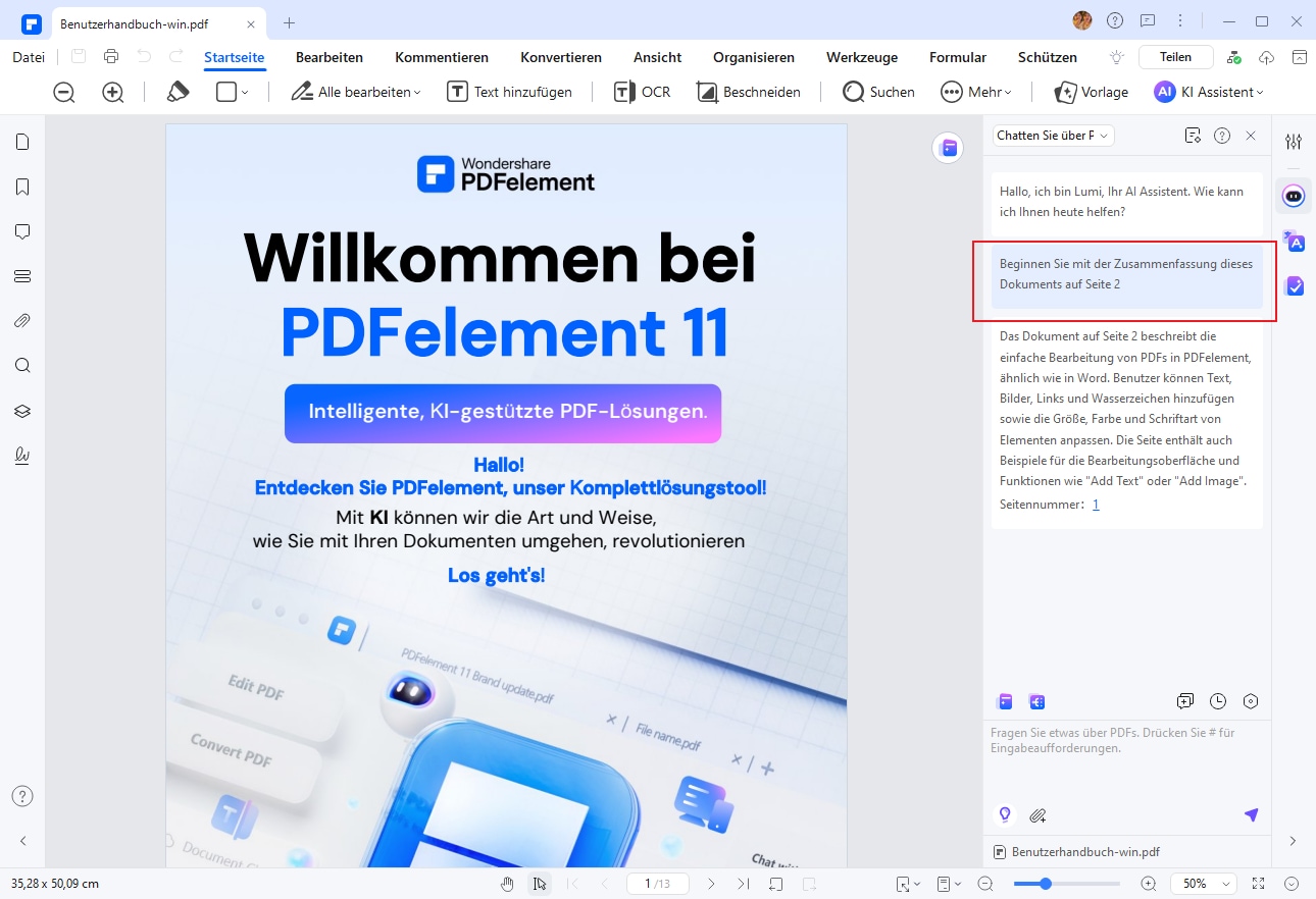 Jetzt können Sie im Chatfenster Fragen in natürlicher Sprache stellen. Die KI wird ihre Antworten ausschließlich auf Basis der Informationen aus dem PDF-Dokument generieren.