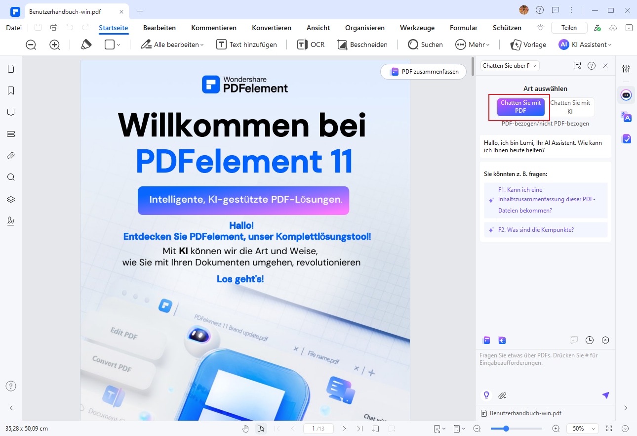 In der Seitenleiste wählen Sie die Option "Mit PDF chatten". Der KI-Assistent analysiert nun das geöffnete Dokument.