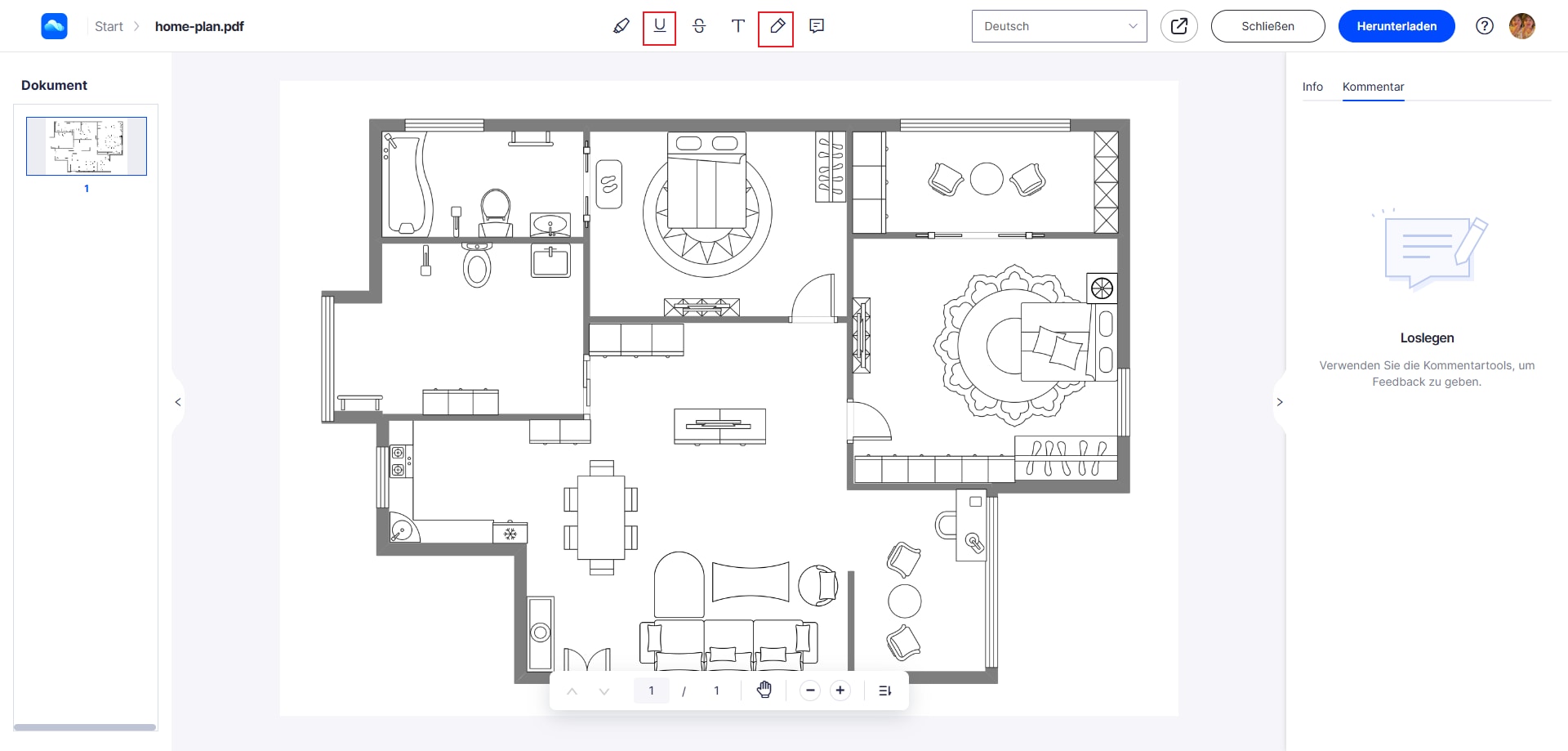 Wenn Sie zum nächsten Fenster fortfahren, stehen verschiedene Bearbeitungsoptionen auf der Plattform zur Verfügung. Benutzer können Linien in einem PDF-Dokument entweder mit dem Unterstrichenen Text-Werkzeug oder dem Zeichenwerkzeug im Menü zeichnen. Verwenden Sie eine der Optionen, um eine Linie in PDF zu zeichnen.
