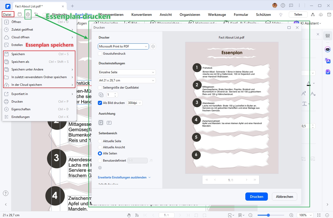 Speichern Sie Ihre Vorlage im PDF-Format oder drucken Sie sie direkt aus. PDFelement unterstützt hochauflösende PDF-Druckvorlagen.