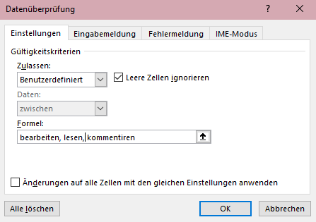 Wählen Sie im Dropdown-Menü Zulassen die Option Liste. Geben Sie die Werte, durch Kommas getrennt, direkt in das Feld ein (z. B.: Angebot, Bestellung, Lieferung).