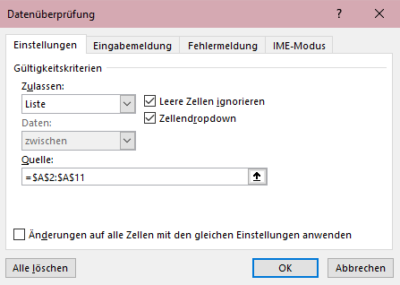 Erstellen Sie die Werte, die in Ihrer Dropdown-Liste erscheinen sollen, z. B. in Zelle A1 bis A5.