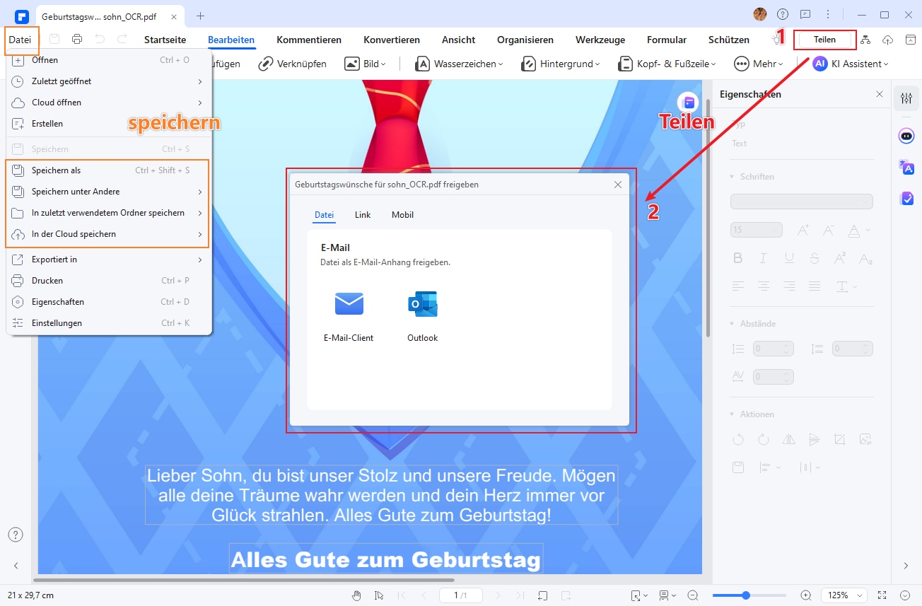 Speichern Sie die Karte als PDF, um sie digital zu versenden, oder drucken Sie sie aus.