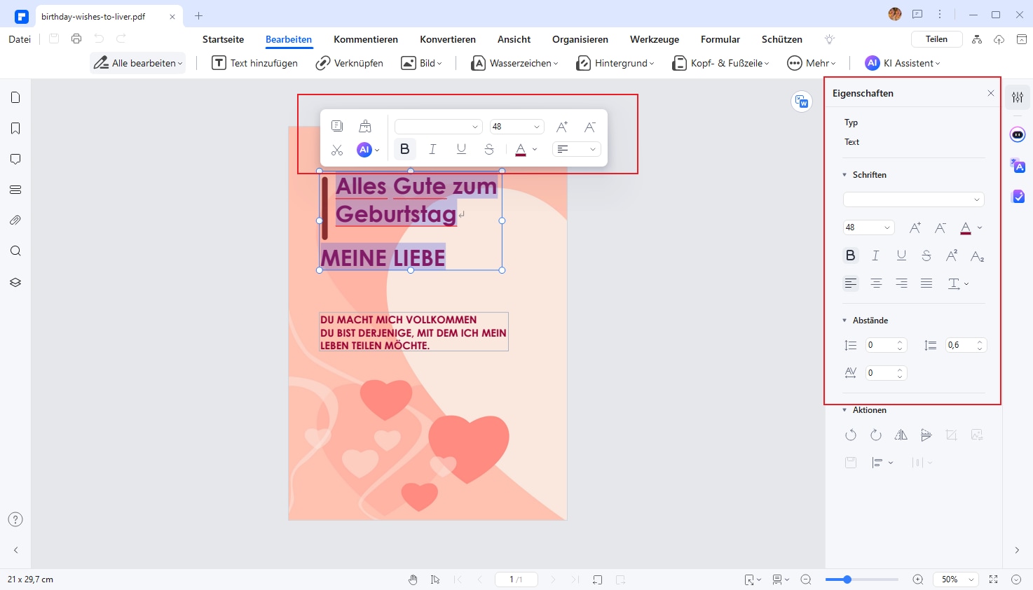 Nutzen Sie die Textbearbeitungsfunktionen, um Ihre ausgesuchten geburtstagswünsche partner liebe einzugeben. Experimentieren Sie mit verschiedenen Schriftarten und Farben, um der Karte Charakter zu verleihen.