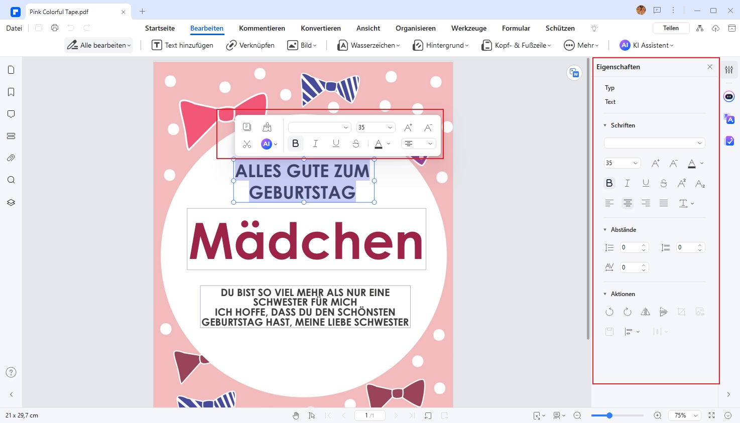 Fügen Sie die gewünschten Geburtstagswünsche für Mädchen hinzu. Verwenden Sie Schriftarten oder Farben, die Ihre Botschaft unterstreichen, und geben Sie dann Ihre Wünsche für Ihr Mädchen ein.