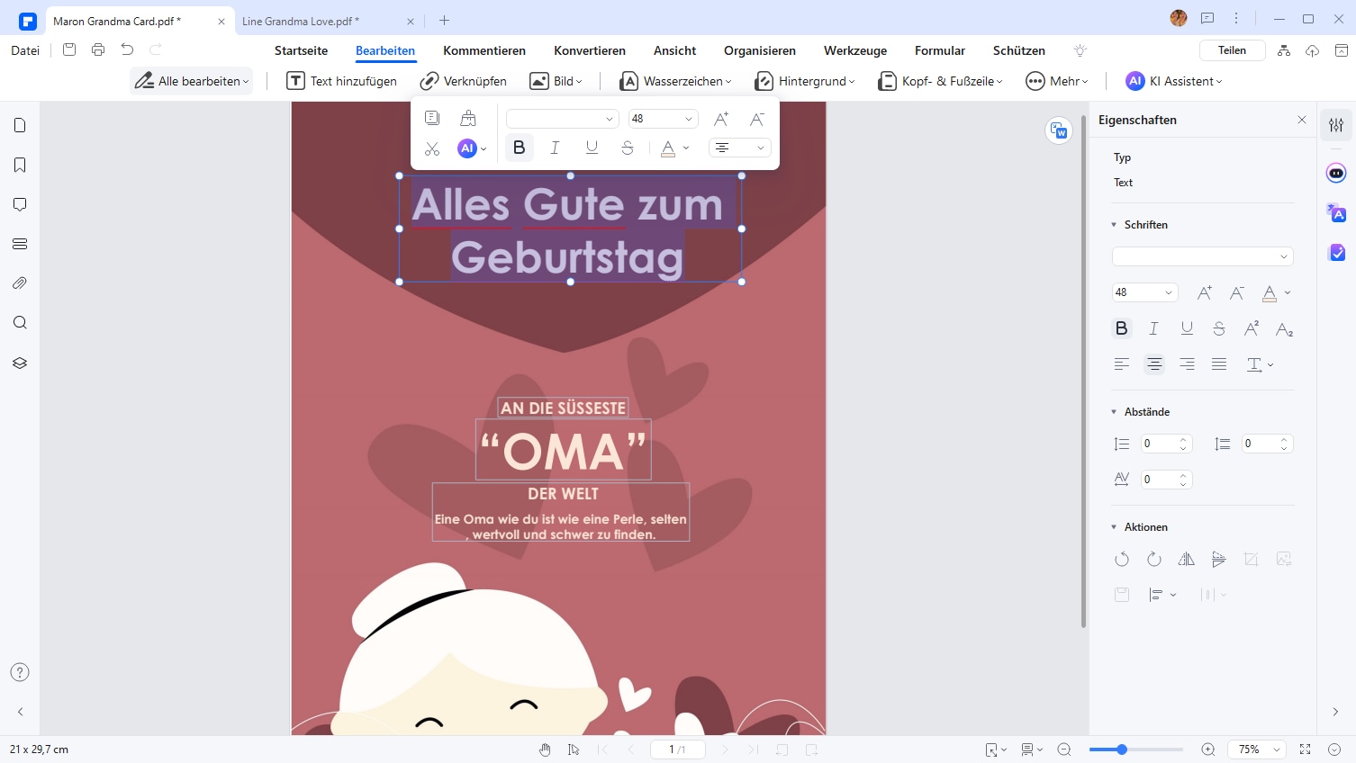 Nutze die obigen Geburtstagsgrüße oder passe die Texte individuell an. Mit PDFelement kannst du Schriftstile, Größen und Farben ganz einfach ändern, sodass deine persönlichen Glückwünsche perfekt zur Karte passen. 