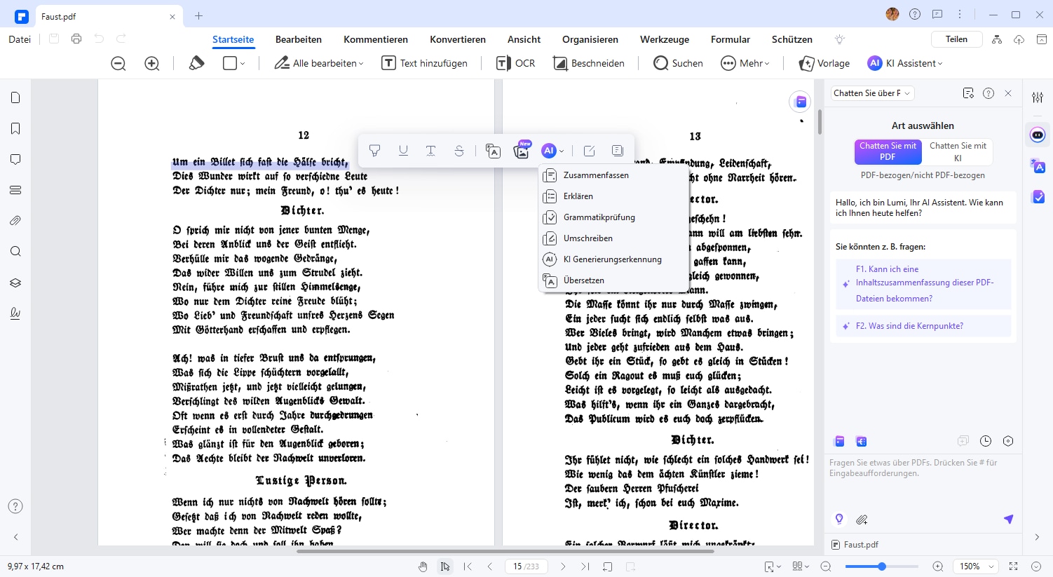 Markieren Sie einen Textabschnitt und wählen Sie „Umschreiben“.