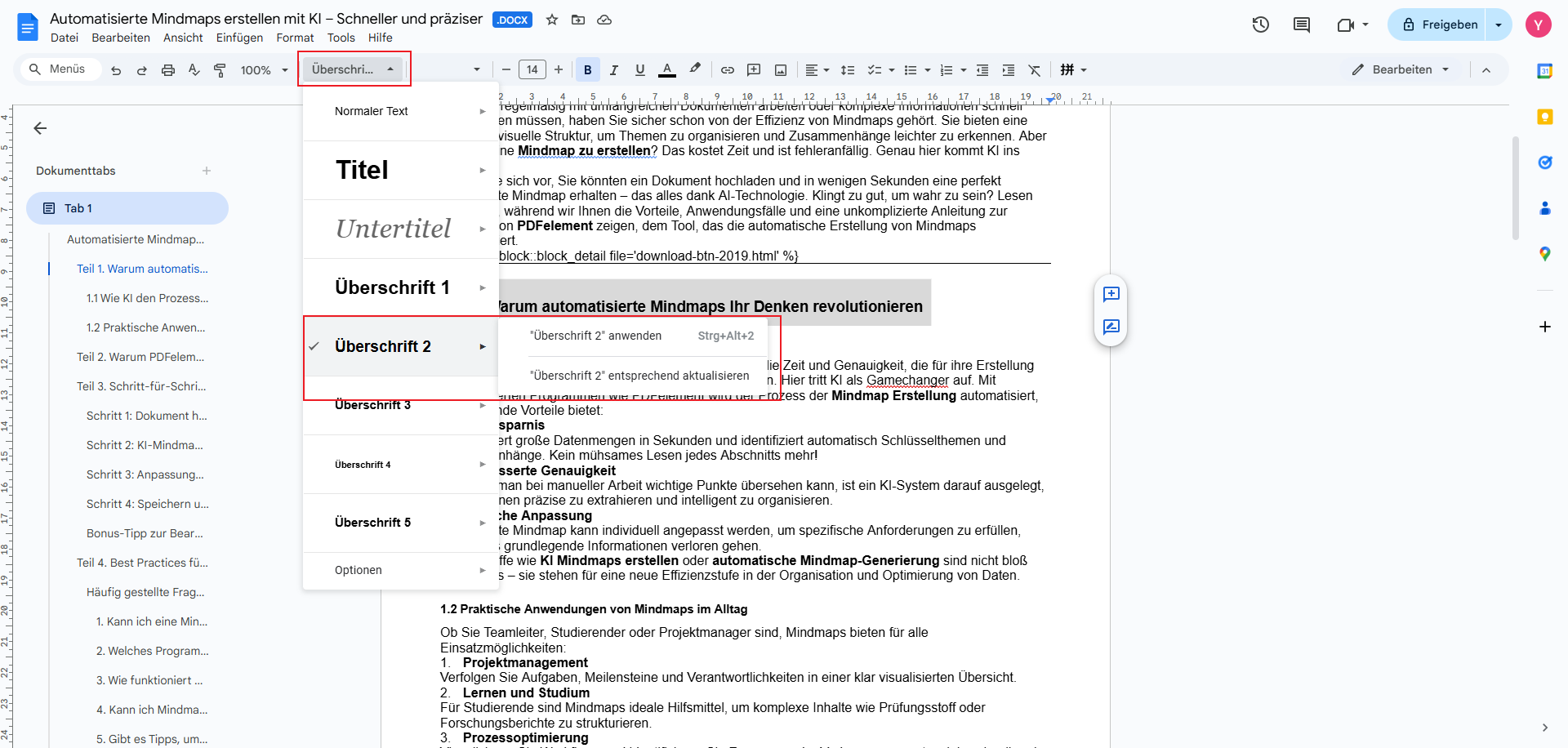 Beginnen Sie mit dem Schreiben Ihres Dokuments. Wenn Sie einen neuen Abschnitt erreichen, machen Sie eine Überschrift daraus. Wählen Sie Überschrift 1, Überschrift 2 oder Überschrift 3 für Ihre Abschnittsüberschriften.