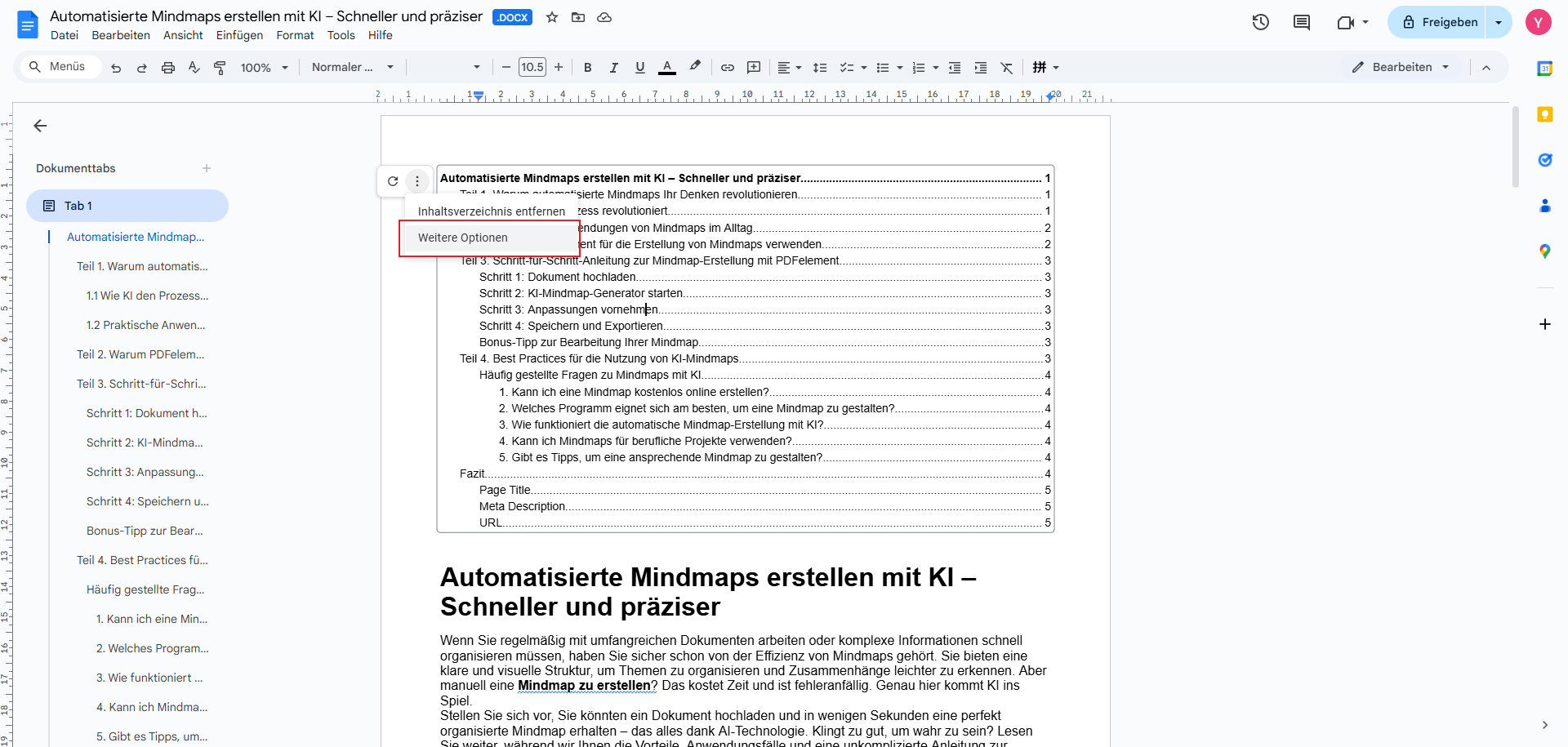 Wenn Sie das Aussehen Ihres TOC ändern möchten, bewegen Sie den Mauszeiger darüber und klicken Sie auf das Drei-Punkte-Menü.