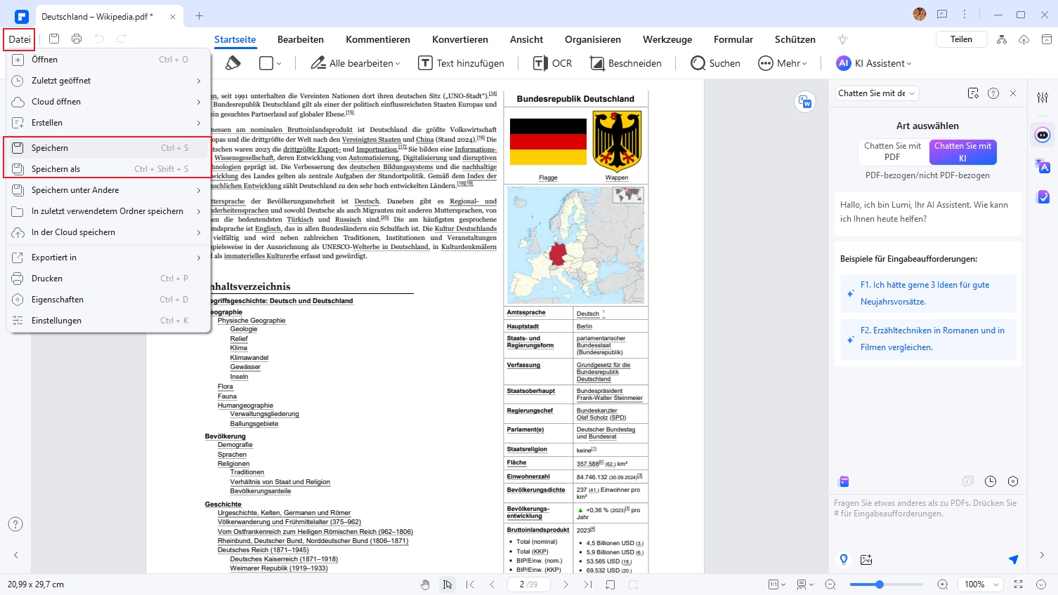 Nachdem Sie auf „Öffnen“ geklickt haben, konvertiert PDFelement die HTML-Datei automatisch für Sie in PDF. An dieser Stelle müssen Sie nur oben links auf „Datei“, „Speichern“ klicken und können das HTML als PDF speichern.