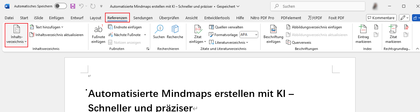 Klicken Sie auf die Registerkarte Referenzen, Inhaltsverzeichnis.
