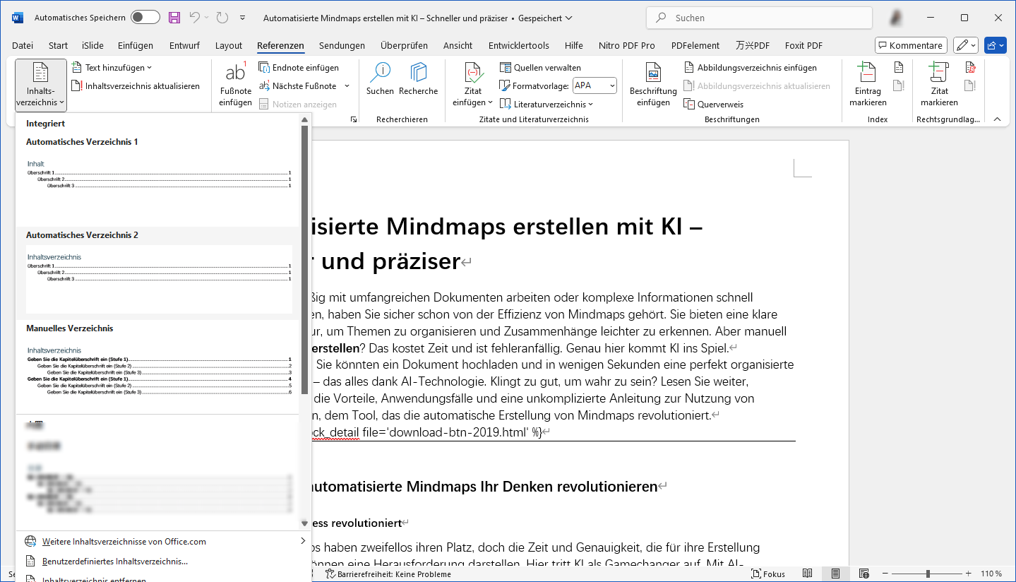Word zeigt Ihnen verschiedene Stile für Ihr Inhaltsverzeichnis an. Wählen Sie eine, die Ihnen gefällt. Das geschieht automatisch, so dass Word den Rest der Arbeit für Sie erledigt.