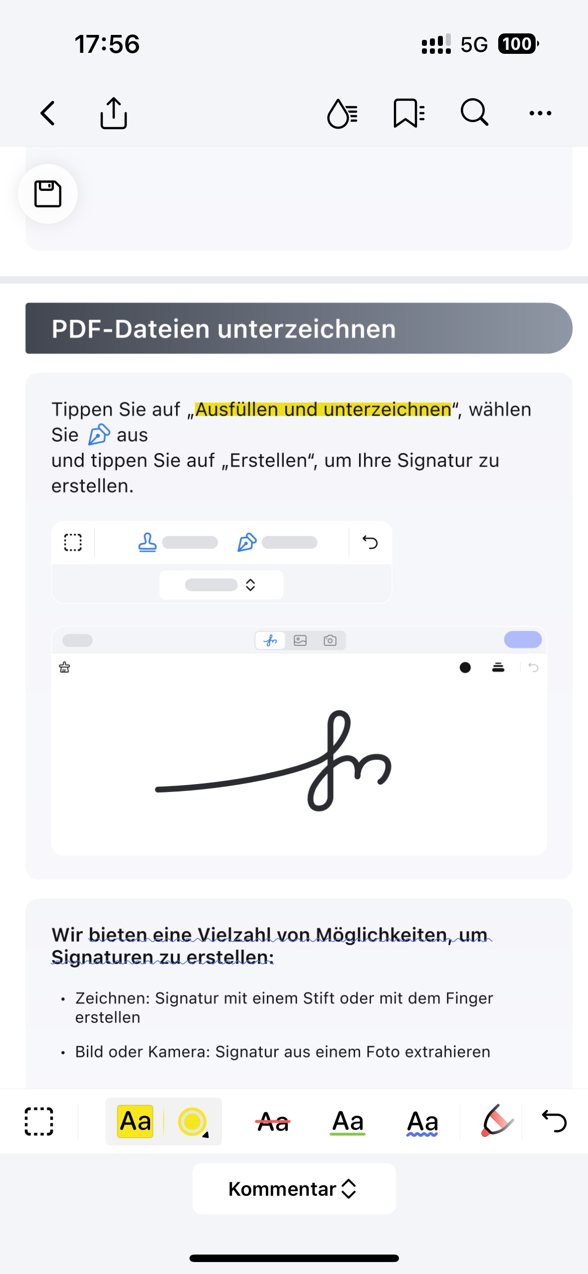 Nutzen Sie Ihren Finger oder Eingabestift, um Ihre Kommentare oder Notizen einzufügen. Sie können Text auch farblich hervorheben und Notizfelder hinzufügen.