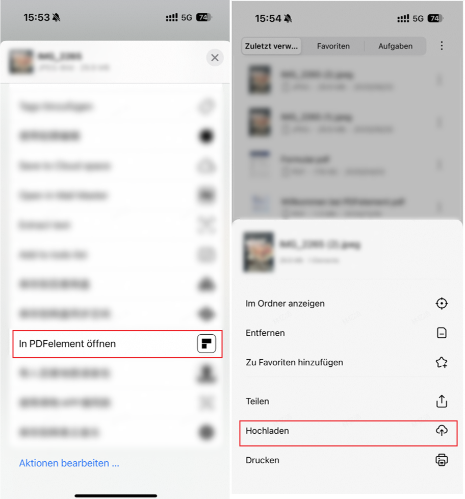 Gehen Sie in PDFelement zu „Zuletzt verwendet“, suchen Sie die Datei, klicken Sie auf die „drei Punkte“ rechts, wählen Sie „Hochladen“ und speichern Sie die Datei in den erstellten Ordner in der PDFelement Cloud.