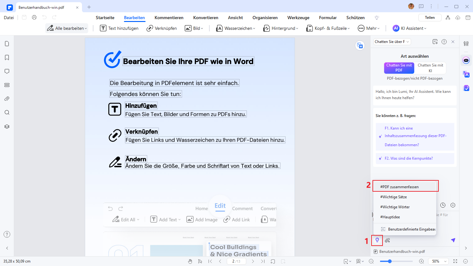 Klicken Sie auf das „Glühbirnen“-Symbol in der unteren linken Ecke des KI-Sitzungsfensters und wählen Sie den Befehl „#PDF Zusammenfassung“. In wenigen Sekunden kann PDFelement eine Zusammenfassung für Sie erstellen, die die wichtigsten Ideen und Schlüsselpunkte enthält.