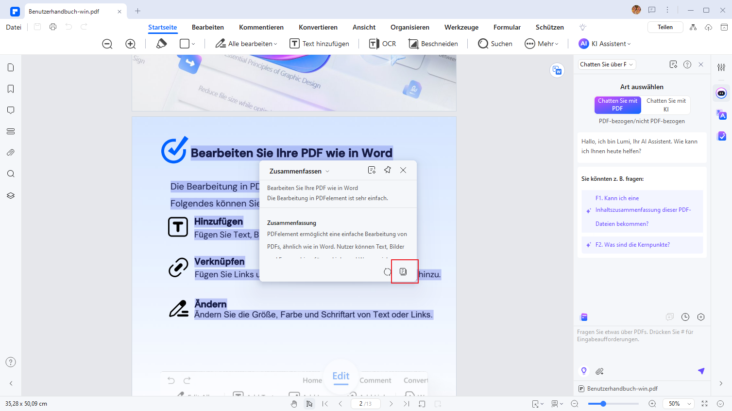 Um diese Zusammenfassung zu verwenden, klicken Sie einfach auf die Schaltfläche "Kopieren" im Fenster und fügen Sie sie in Ihre aktuelle PDF-Datei oder ein neues Dokument ein.